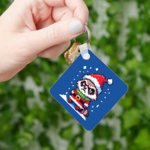 Grumpy Christmas Raccoon - Funny Pixel Art Holiday Key Ring