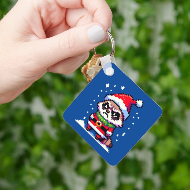 Grumpy Christmas Raccoon - Funny Pixel Art Holiday Key Ring (Hand)