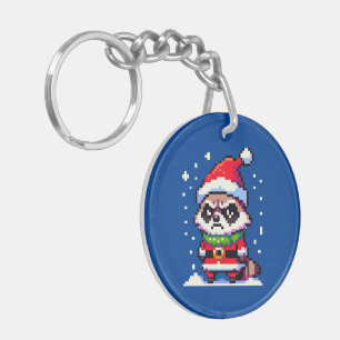 Grumpy Christmas Raccoon - Funny Pixel Art Holiday Key Ring