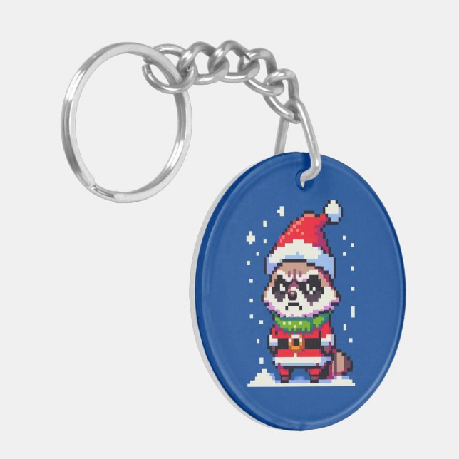 Grumpy Christmas Raccoon - Funny Pixel Art Holiday Key Ring (Front Left)