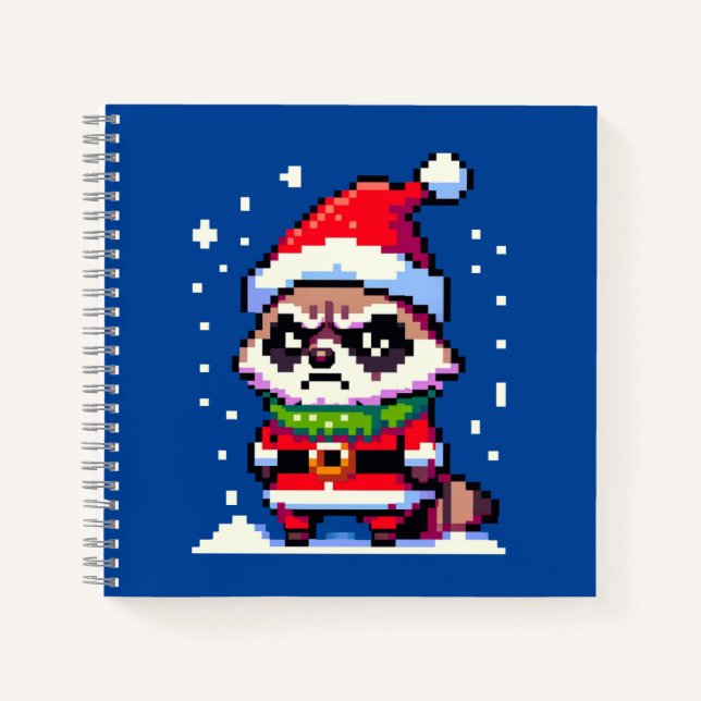 Grumpy Christmas Raccoon - Funny Pixel Art Holiday Notebook (Front)