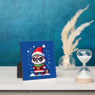 Grumpy Christmas Raccoon - Funny Pixel Art Holiday Plaque
