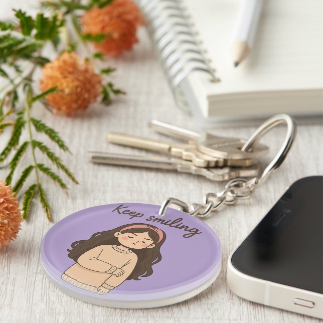 Grumpy Cute Girl Sticker – Long Hair & Oversized  Key Ring (Front Right)