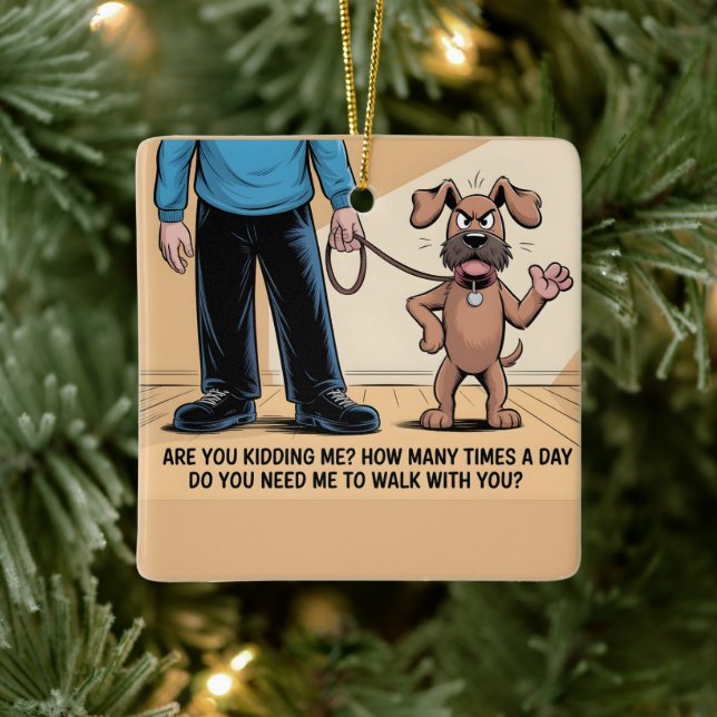 Grumpy Dog Funny Walking Cartoon Ceramic Ornament (Tree)