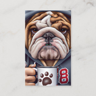Grumpy English Bulldog in Hoody Holding Business Card