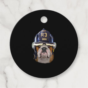 Grumpy English Bulldog Wearing Firefighter Helmet Favour Tags