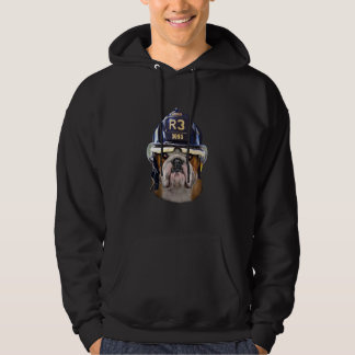Grumpy English Bulldog Wearing Firefighter Helmet Hoodie