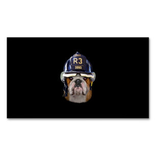 Grumpy English Bulldog Wearing Firefighter Helmet Magnetic Business Card