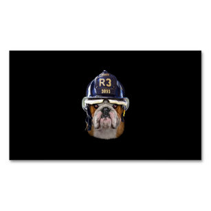 Grumpy English Bulldog Wearing Firefighter Helmet Magnetic Business Card