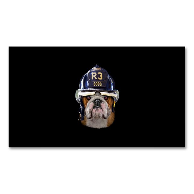 Grumpy English Bulldog Wearing Firefighter Helmet Magnetic Business Card (Front)