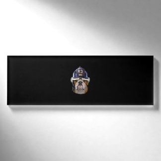 Grumpy English Bulldog Wearing Firefighter Helmet Name Tag