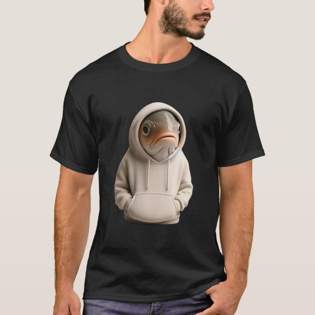 Grumpy Fish in a Hoodie Illustration T-Shirt (Front)