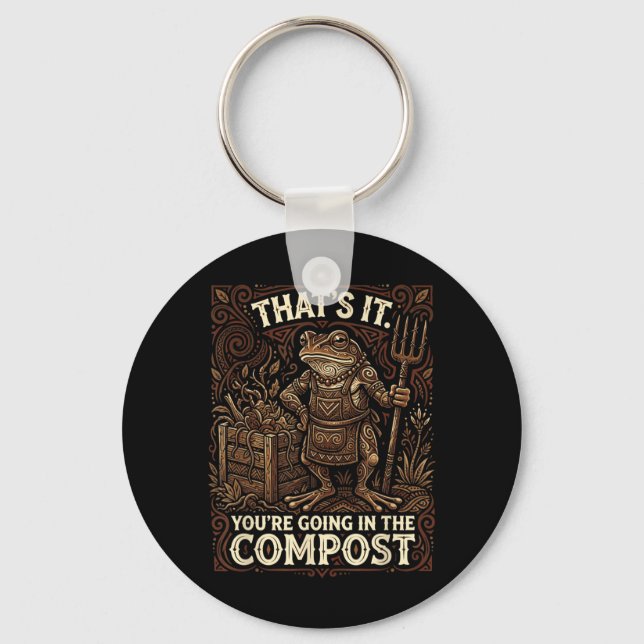 Grumpy Frog Gardener Woodcut Style Compost Bin Art Key Ring (Front)