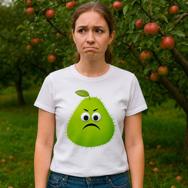 Grumpy Fuzzy Pear Face Funny Fruit Character T-Shirt (Creator Uploaded)