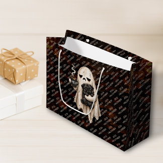 Grumpy Ghost Holding Black Pug Dog Meh Halloween Large Gift Bag