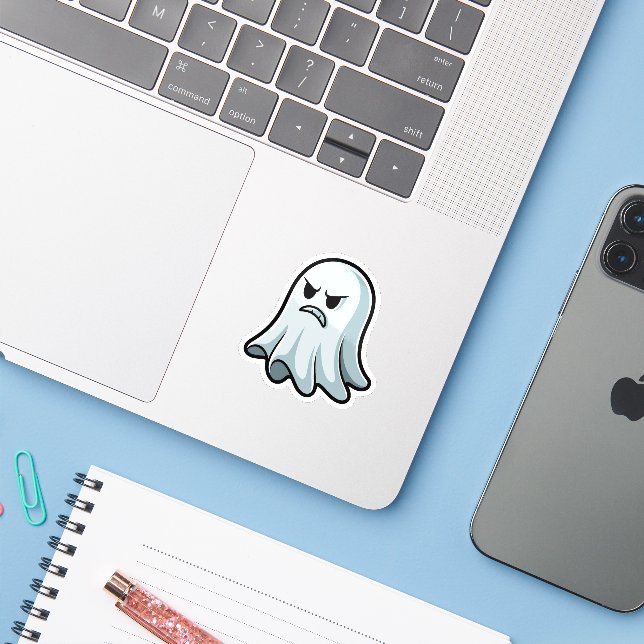 Grumpy Ghost Sticker – Angry Cute Boo (Laptop w/ iPhone)