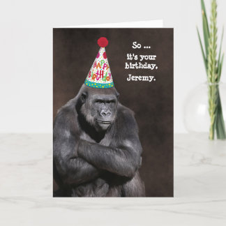 Grumpy Gorilla in Party Hat Birthday Personalised  Card