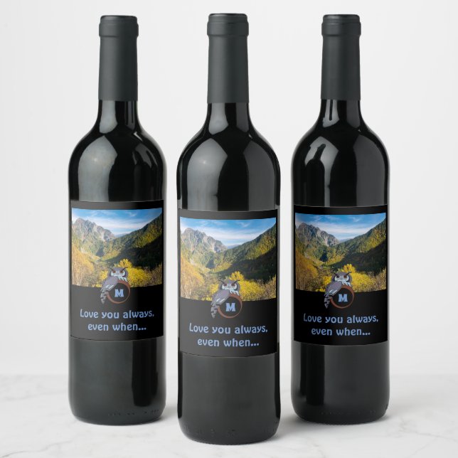 Grumpy Grandpa Owl Nesting on Monogram Egg Photo Wine Label (Bottles)