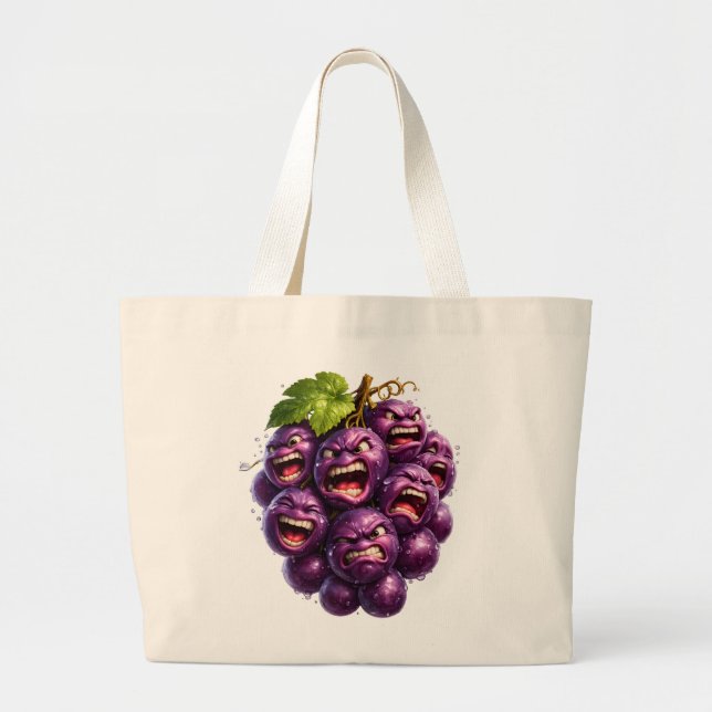 Grumpy grapes, angry fruit faces funny surrealist  large tote bag (Front)
