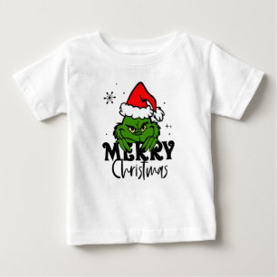 Grumpy Green Christmas Character in Santa Hat Baby T-Shirt