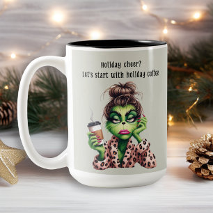 Grumpy Green Furry Women Loves Coffee Two-Tone Coffee Mug