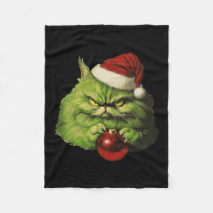 Grumpy Green Santa Cat Retro Cat Christmas Holiday Fleece Blanket