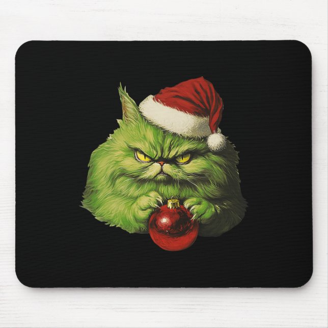 Grumpy Green Santa Cat Retro Cat Christmas Holiday Mouse Pad (Front)