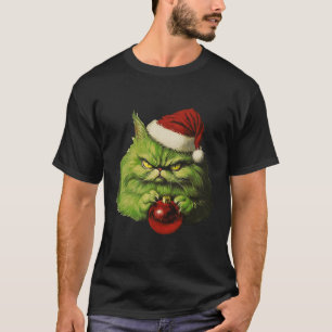 Grumpy Green Santa Cat Retro Cat Christmas Holiday T-Shirt