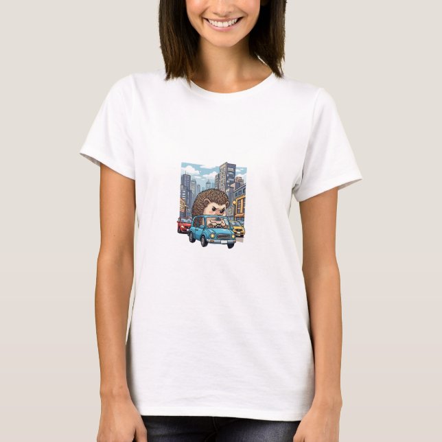 Grumpy Hedgehog Road Rage Driving Blue Car in City T-Shirt (Front)
