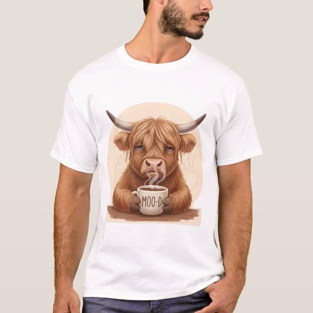 Grumpy Highland Cow Coffee Lover - Cute Fluffy Cow T-Shirt (Front)