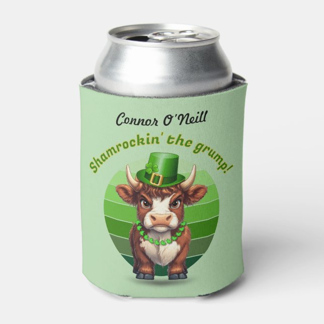 Grumpy Highland Cow St Patrick's Day Can Cooler (Can Front)