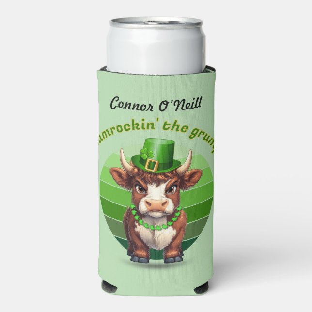 Grumpy Highland Cow St Patrick's Day Seltzer Can Cooler (Seltzer Front)
