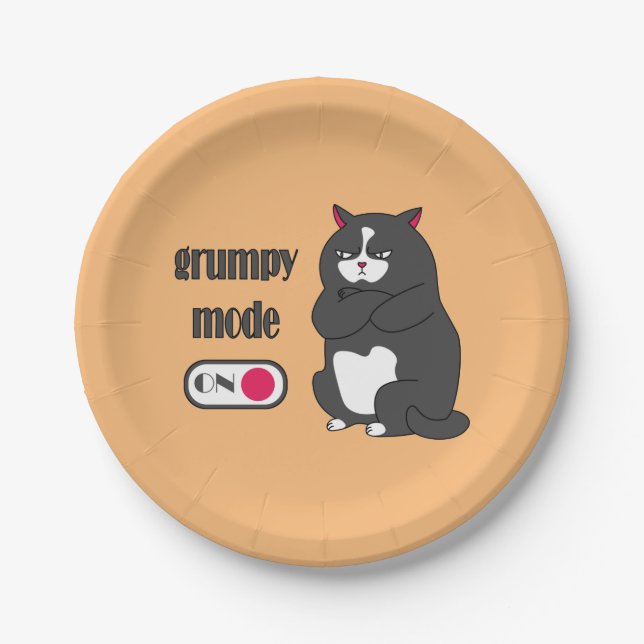 Grumpy mode on funny fat cat  paper plate (Front)