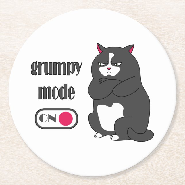 Grumpy mode on funny fat cat  round paper coaster (Front)
