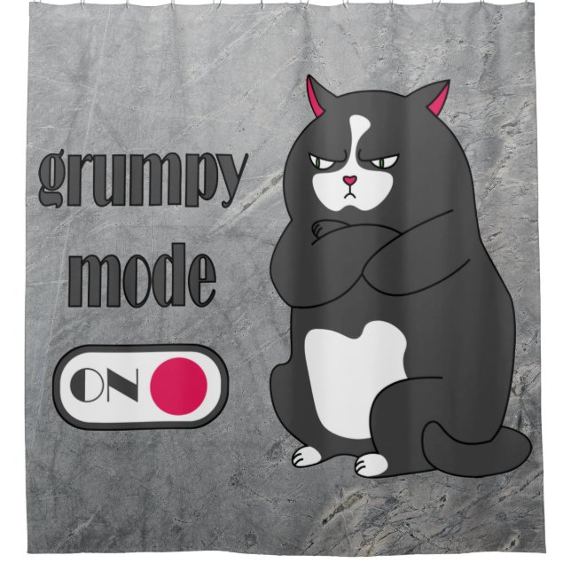 Grumpy mode on funny fat cat shower curtain (Front)