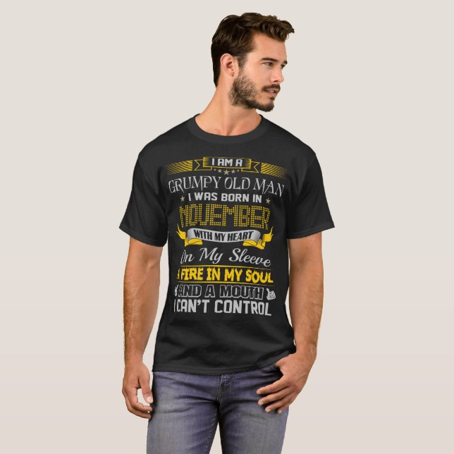 Grumpy Old Man Born November With Heart On Sleeve T-Shirt (Front Full)
