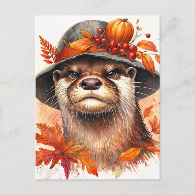 Grumpy Otter Autumn Watercolor Art Postcard (Front)