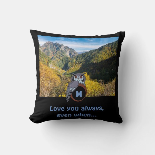 Grumpy Owl Nesting on Monogram Egg Photo Cushion (Front)