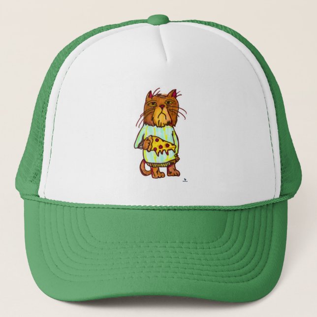 Grumpy Pizza Feline Funny Cat Drawing  Trucker Hat (Front)