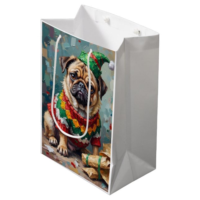 Grumpy Pug Dog in Elf Hat Funny Christmas Art Medium Gift Bag (Front Angled)