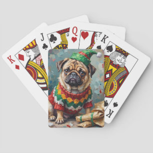Grumpy Pug Dog in Elf Hat Funny Christmas Art Playing Cards