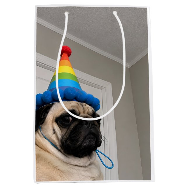 Grumpy Pug Wearing Rainbow Birthday Party Hat Medium Gift Bag (Front)