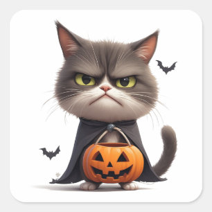 Grumpy Pumpkin Witch Cat Halloween Theme 🎃 Square Sticker