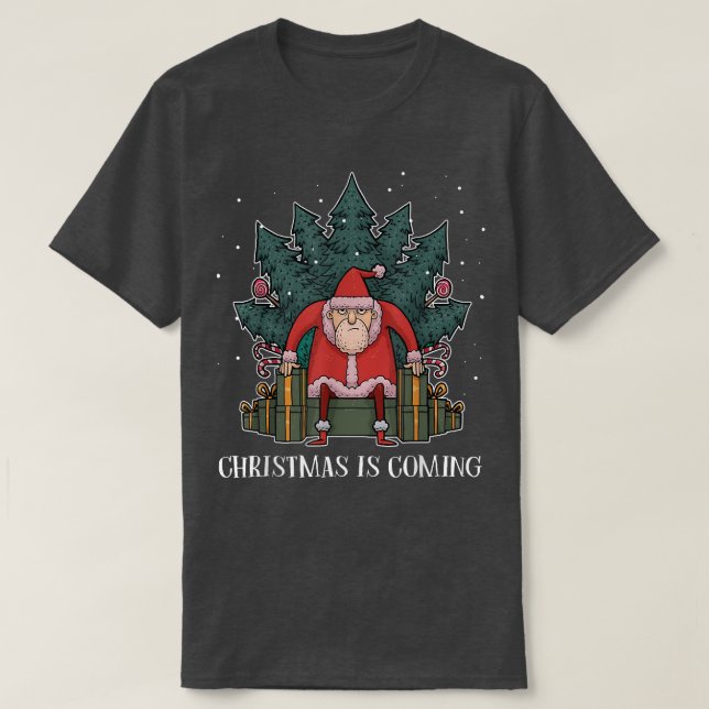 Grumpy Santa Claus Tree Present Throne Funny Chris T-Shirt (Design Front)