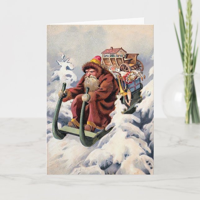 Grumpy Sledding Santa Vintage Christmas Card (Front)