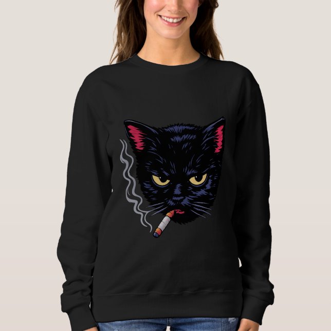 Grumpy Smoking Black Cat Y2K Attitude Retro Design Sweatshirt (Front)