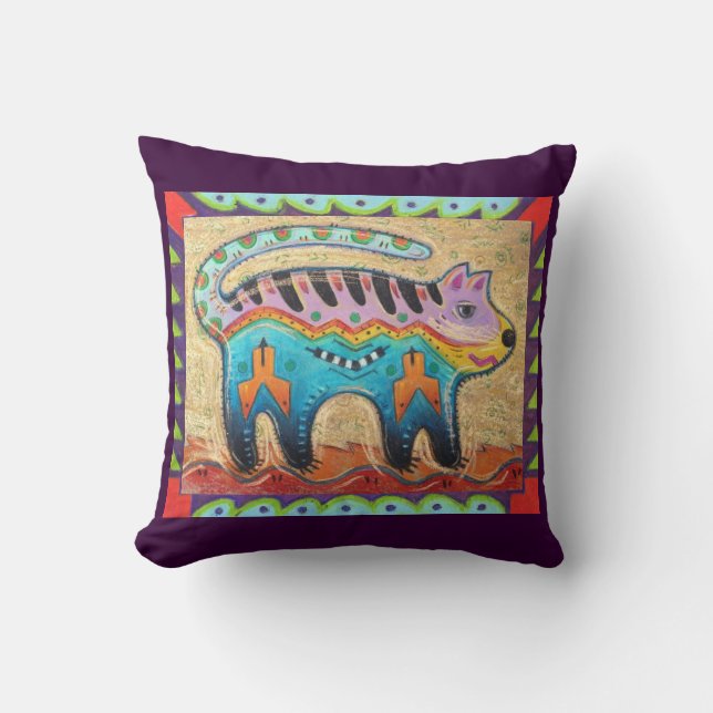 Grumpy Southwestern Folk Art Cat Cushion (Front)
