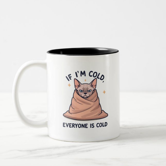 Grumpy Sphynx Cat Cold Humor Cartoon Art Two-Tone Coffee Mug (Left)