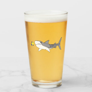 Grumpy tiger shark and cute yellow fish glass