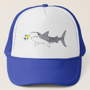 Grumpy tiger shark and cute yellow fish trucker hat